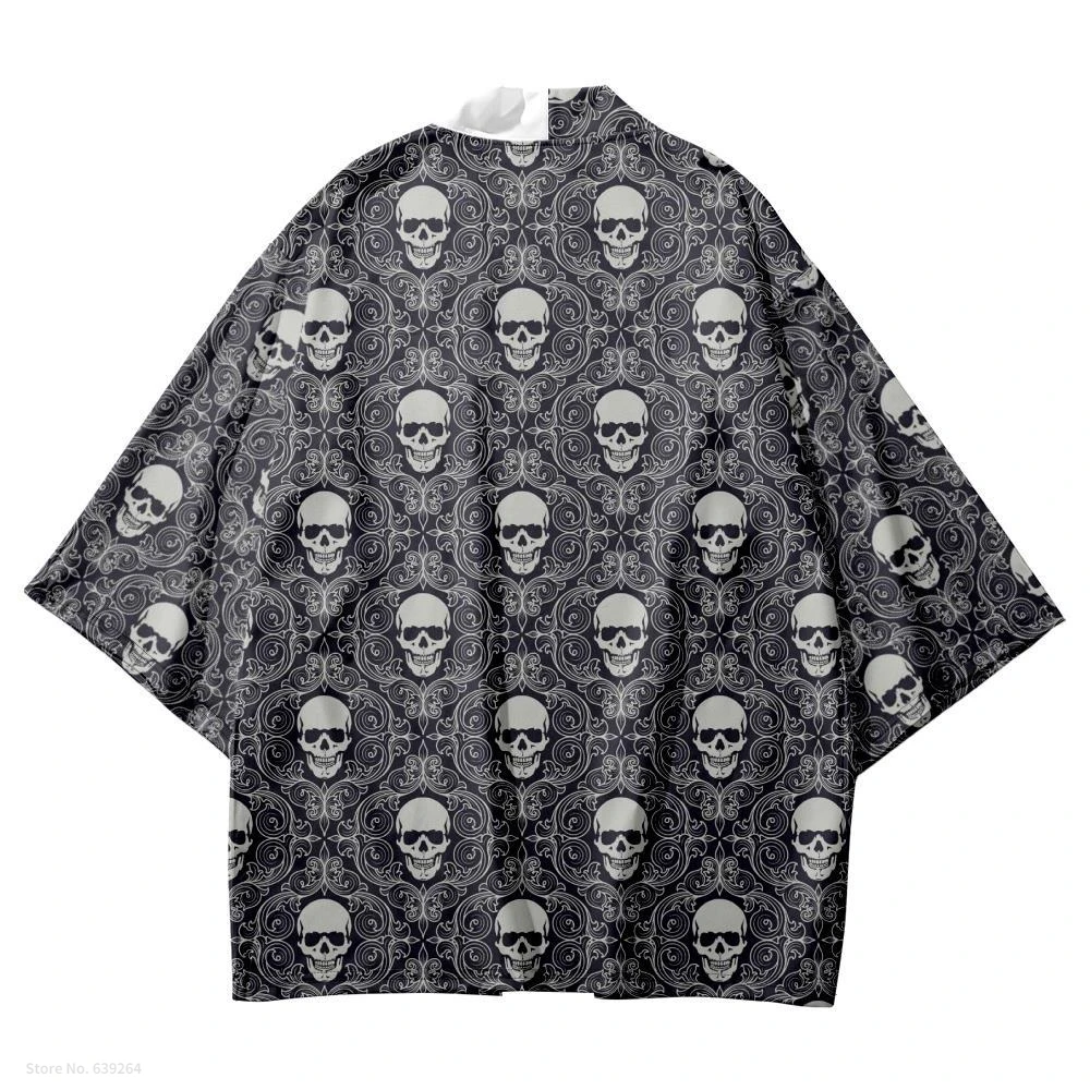 Plus Size 5XL 6XL Japanese Traditional Skeleton Print Kimono Cosplay Samurai Haori Obi Women Men Cardigan Beach Yukata Clothes