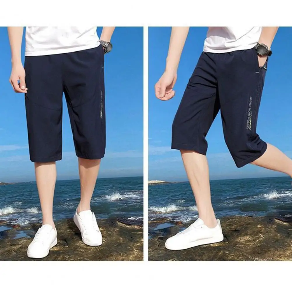 

Summer Thin Ice Silk Shorts Breathable Mid-calf Length Men's Cropped Pants with Elastic Waist Zipper Pockets for Comfortable