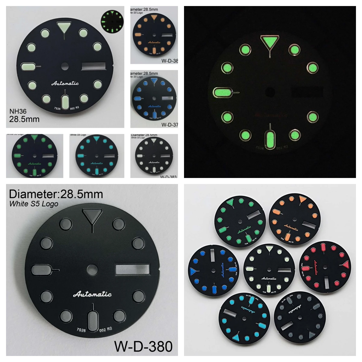 

28.5mm S 5 Logo SKX007 Black Dial Suitable for NH36/4R36 Movement Green Luminous Dual Calendar Watch Modification Accessories