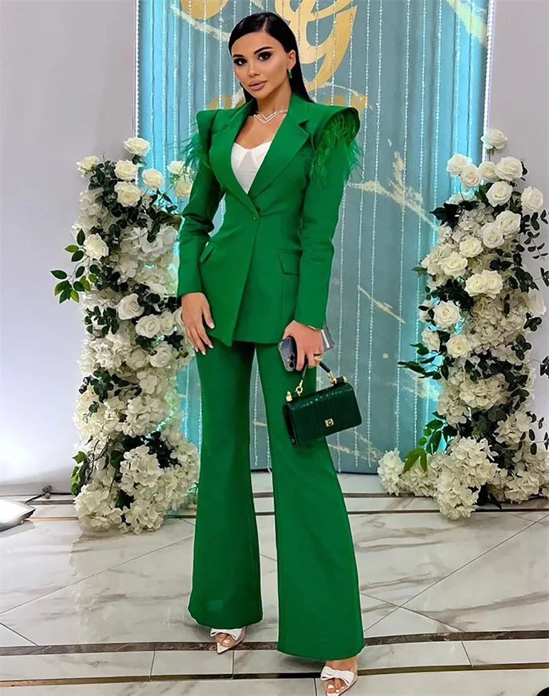 Fashion Women Suit Set Blazer+Flare Pants Formal Luxury Feather Green Prom Dress Office Lady Coat Customize дамский костюм