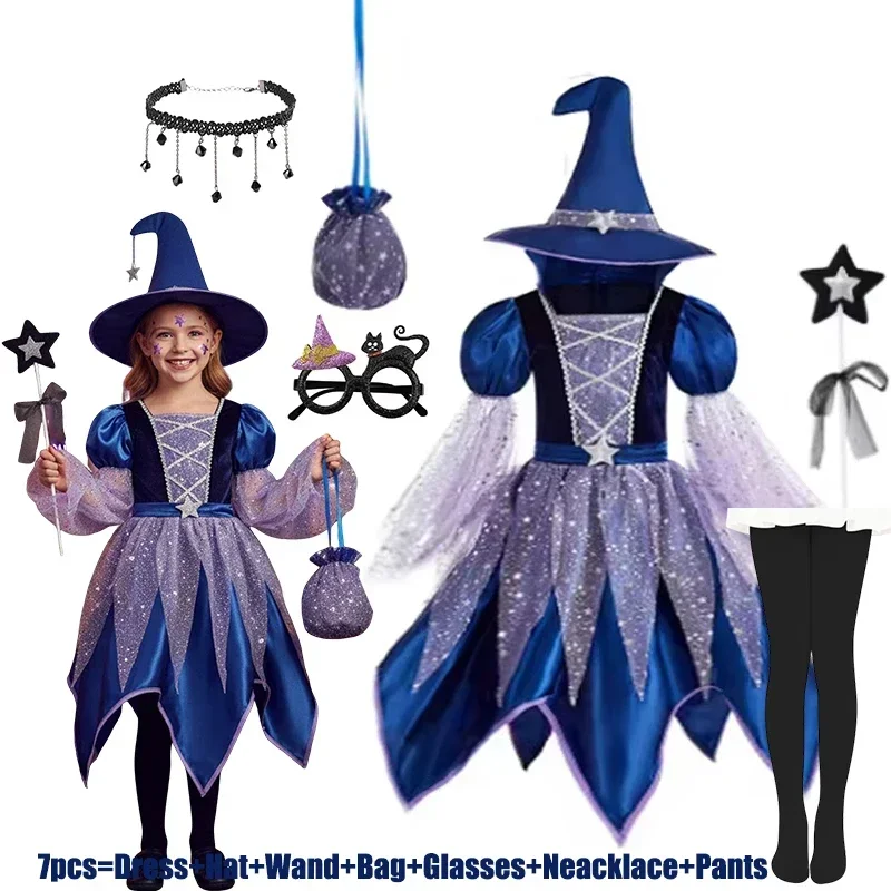 Kinder-Rollenspielkleid für Mädchen, Halloween-Cosplay-Kleid, Hexen-Vampir-Kostüm mit Accessoires für Karneval-Verkleidungspartys – Detail 7