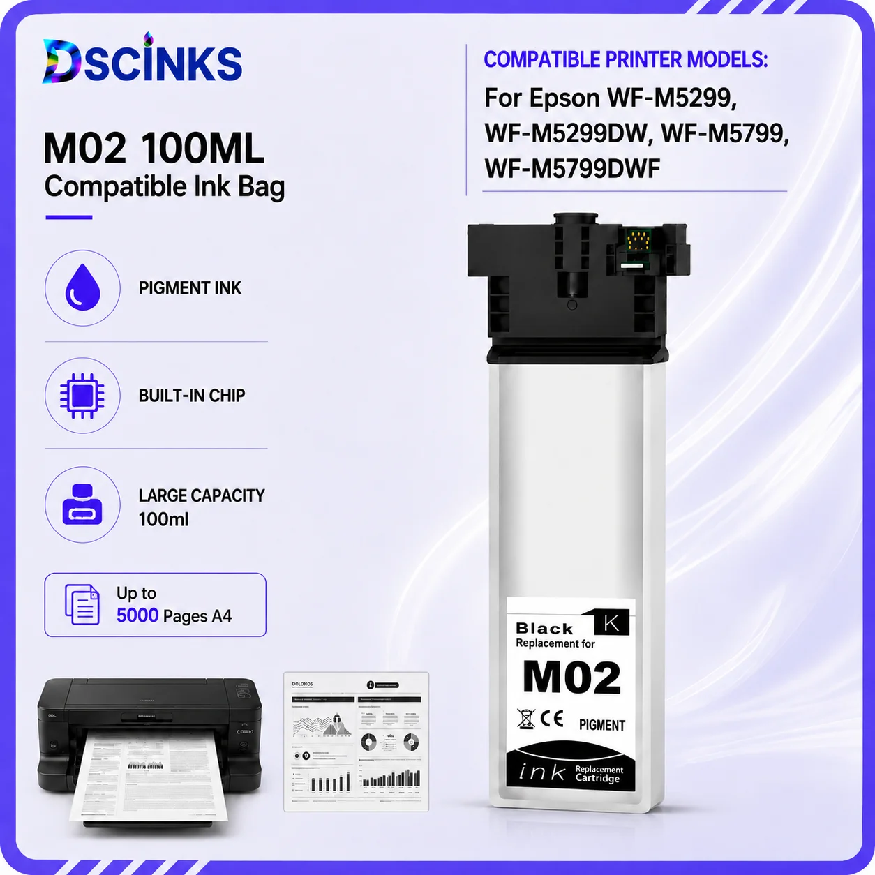 M02 100ML BK Black Pigment Compatible Ink Bag With Disposable Chip For Epson WF‑M5299 WF‑M5299DW WF‑M5799 WF‑M5799DWF Office