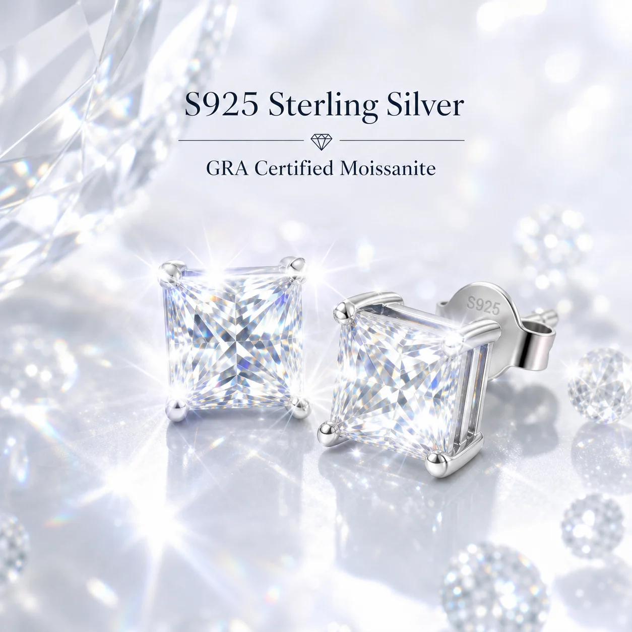 Princess Cut With GRA Certiicate Factory Price Wholesale Stud Earrings S925 Strerling Silver Women 18K Gold D VVS Sparkling