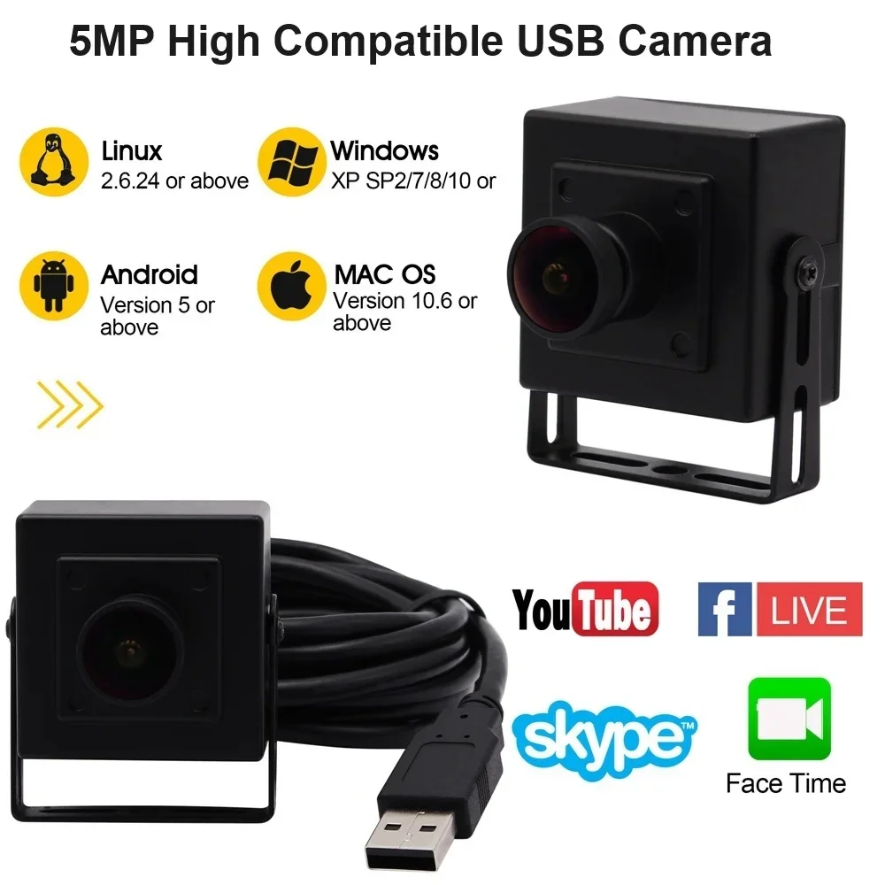 ELP 5MP 30fps USB Camera IMX335 Wide Angle Video Webcam with Mini Metal Case for Laptop Computer PC