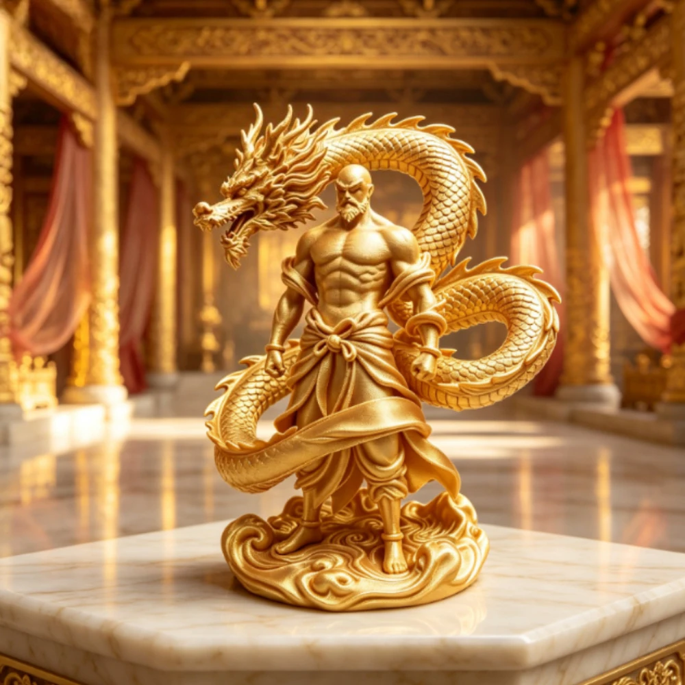 Chinese Dragon Warrior Statues 3D Printed Sculpture Strong Man Coiled Dragon Figurines Ornament DIY Model Home Office Desk Decor