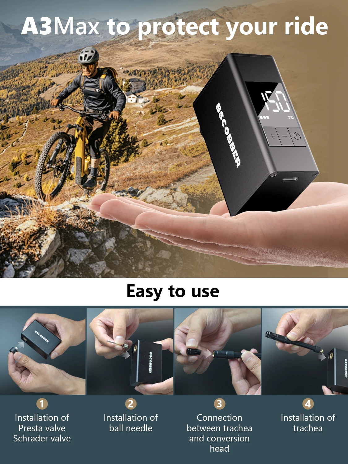 BSCOBBER Mini-Luftkompressor, Fahrradpumpe für Mountainbike-Reifen, tragbarer Fahrradreifenfüller mit digitaler Anzeige, 150 PSI, Kies – Detail 10