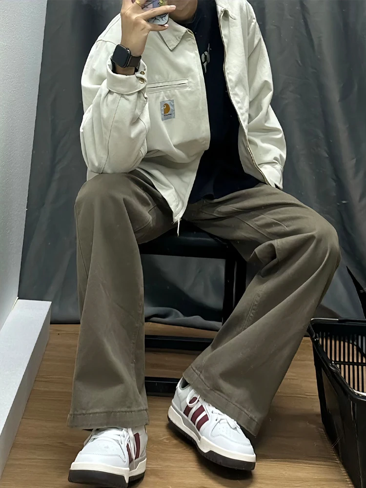 

American Retro Light Brown Men's Jeans High Waist Straight Leg Trousers Worn in Sle Youth Trend Cotton Polyester Blend