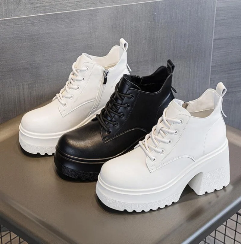 

Новые женские весенние ботильоны до колена из натуральной кожи 10 см, зимняя модная осенняя плюшевая модная обувь на толстой подошве