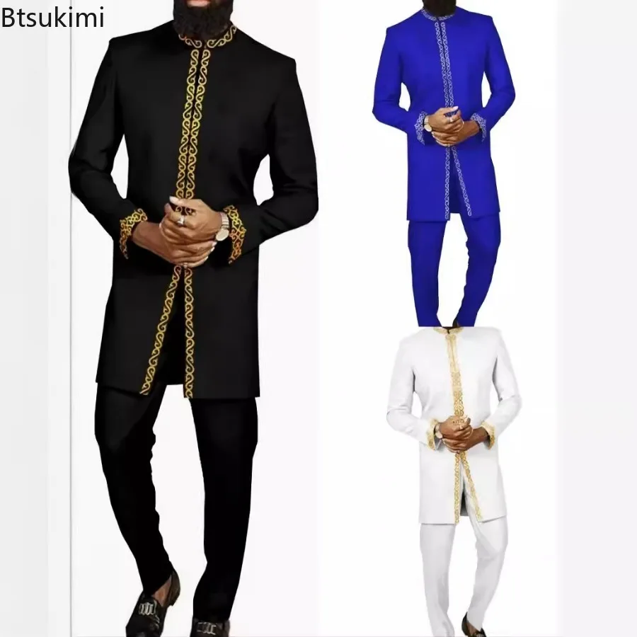 

Kaftan African Traditional Men's Sets Luxury Gold Stamping Long Sleeve Stand Collar Shirt Pants Formal 2-piece Sets Ethnic Style