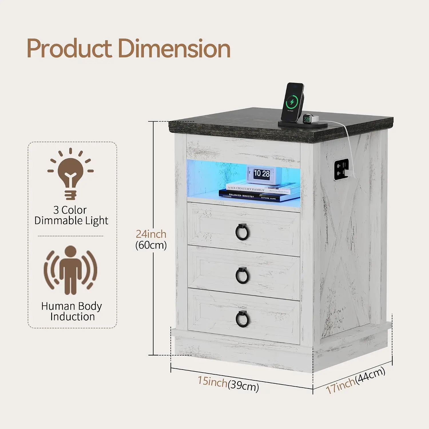 LED Nightstand with Lockable Gun Drawer & Human Sensor, 2PCS, White, Customized