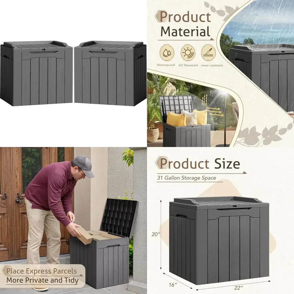

Waterproof Resin Storage Boxes 2-Pack, 31 Gallon Outdoor Patio Cushion Storage Bin, Delivery Box, Indoor Outdoor Use