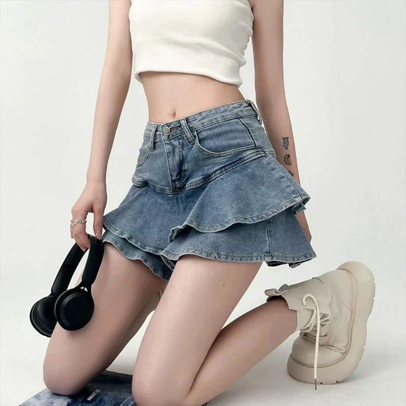 Denim Pleated Cake Skirt Ruffle Women Summer Streetwear High Waist A Line Short Ball Skirts Girl Casual Inner Shorts Saia Female