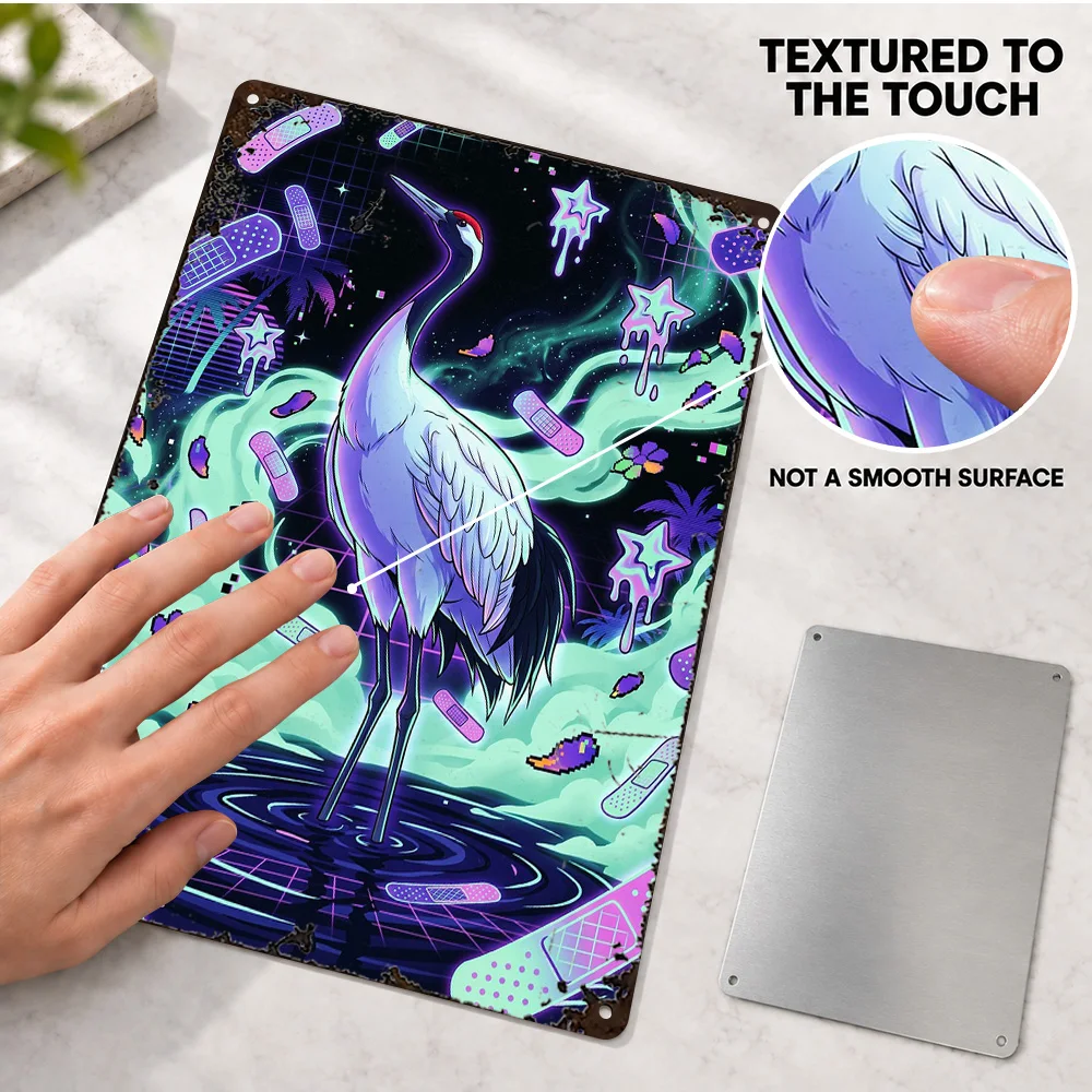 Neon Vaporwave Red-Crowned Crane Aluminum Poster Retro Bold Design Home Office Wall Art Customized Metal Sign Gift For Friends