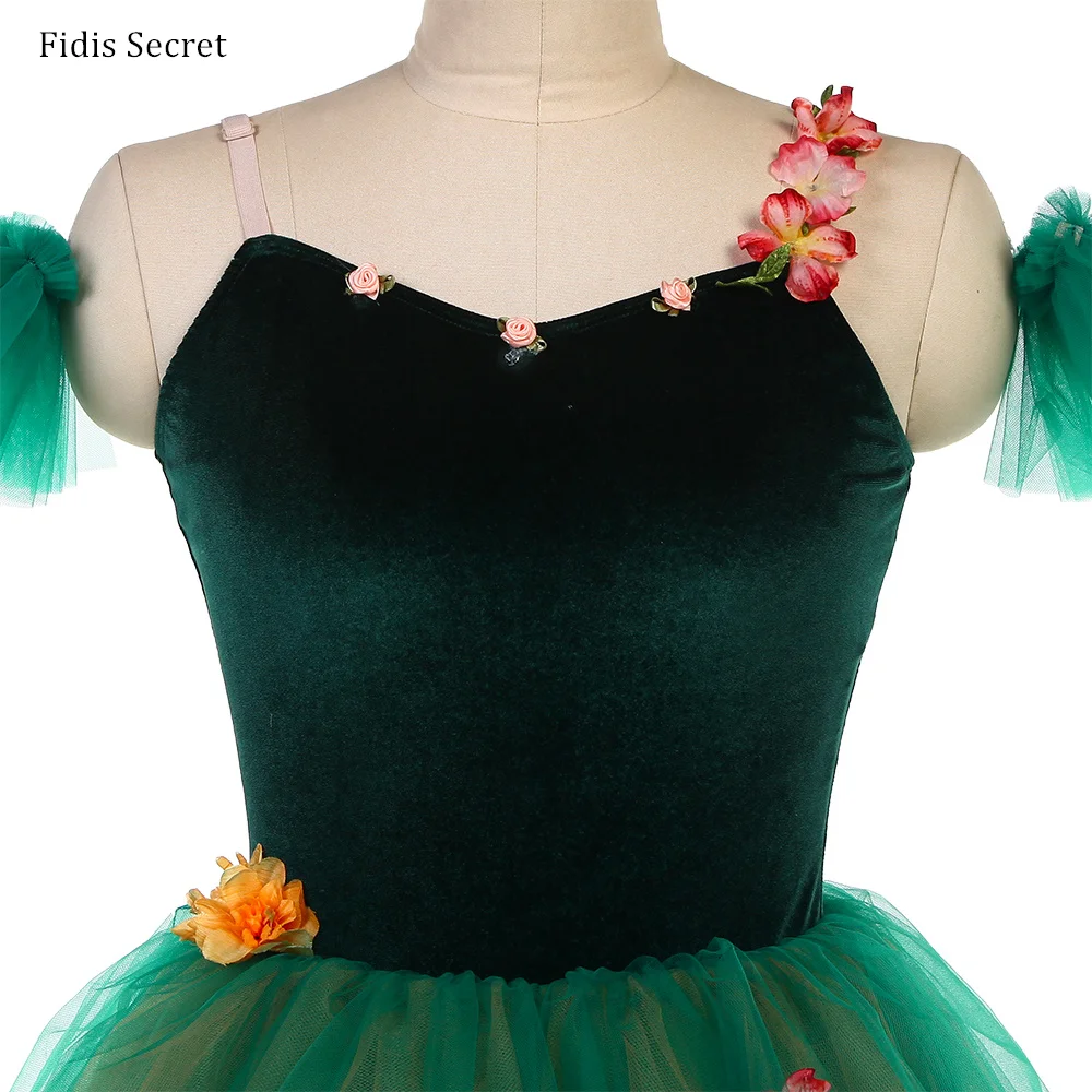 

Зеленое балетное платье с бархатным верхом, профессиональный романтический костюм для выступлений, длинная пышная юбка-пачка для девочек и женщин, балетный костюм с пышной шифоновой юбкой