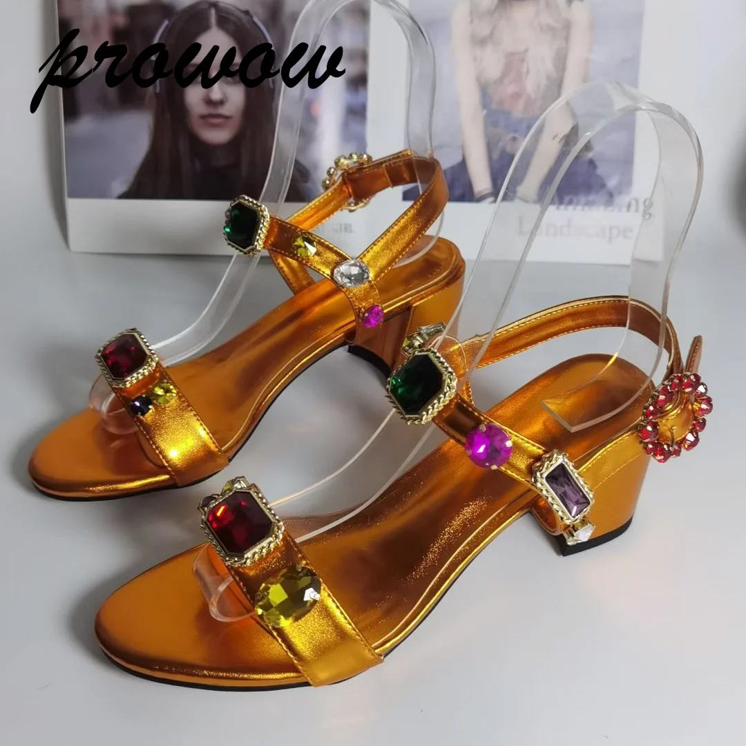 

Prowow/Новые летние сандалии с сапфировым синим золотым драгоценным камнем и бриллиантами, женская обувь на высоком каблуке с открытым носком и ремешком на щиколотке, Zapatos Mujer