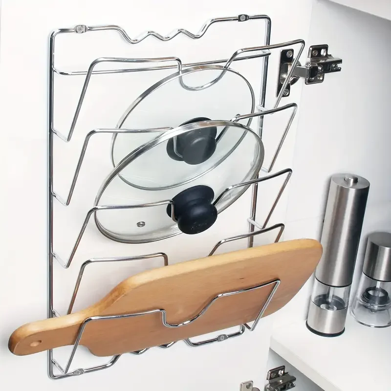 Space-Saving Metal Kitchen Rack - Multifunctional Wall-Mount Pot Lid & Cutting Board Holder, Step Shelf Design