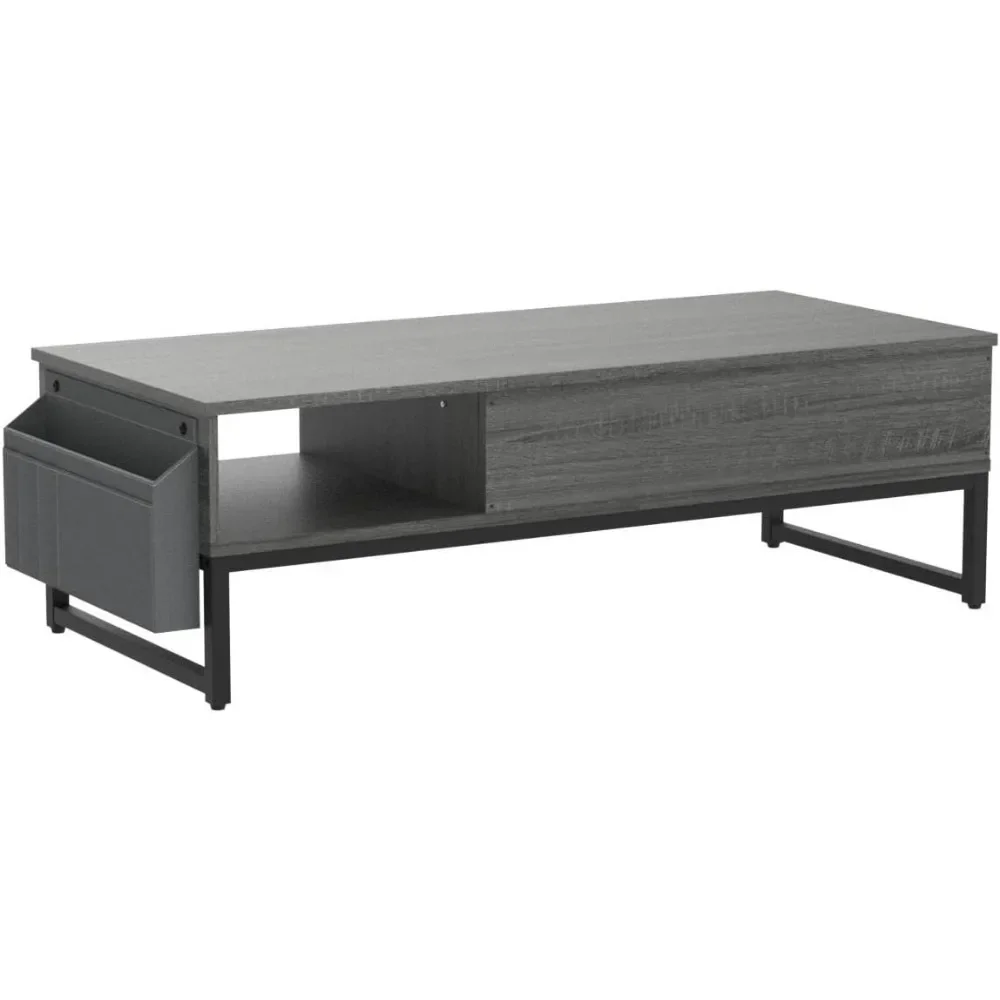 Lift Top Coffee Table with Storage, Wood Lifting Top Central Table Metal Frame, 43.3" Table with Side Pouch for Cocktail