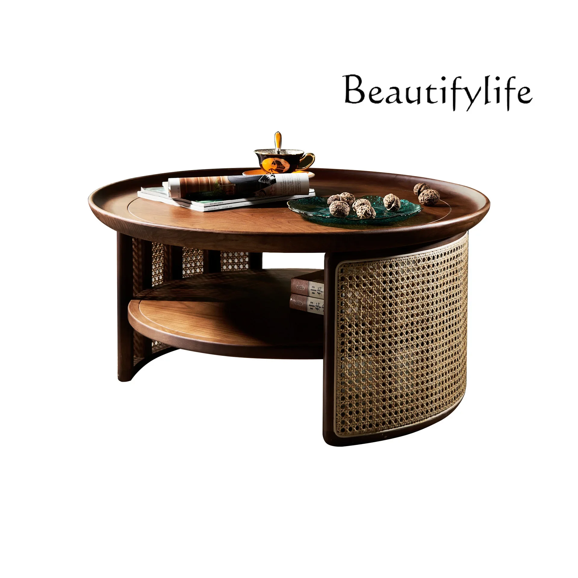 

Japanese modern minimalist wabi-sabi wind round coffee table solid wood rattan coffee table