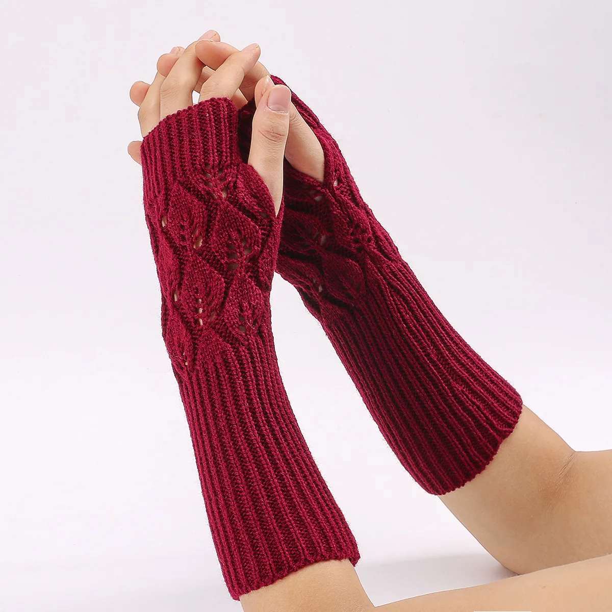 

Unisex Winter Autumn Arm Sleeve Warmer Girl Fashion Crochet Leaves Knit Mitten Womens Thumb Hole Fingerless Glove Wrist Warmer