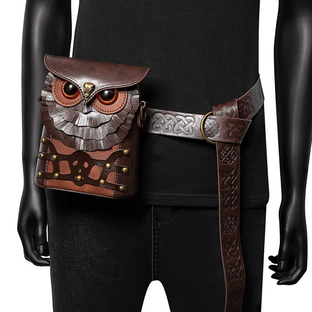

Medieval Steampunk Owl Themed Crossbody Bag - Women's Contrast Color Riveted PU Leather Shoulder Bag