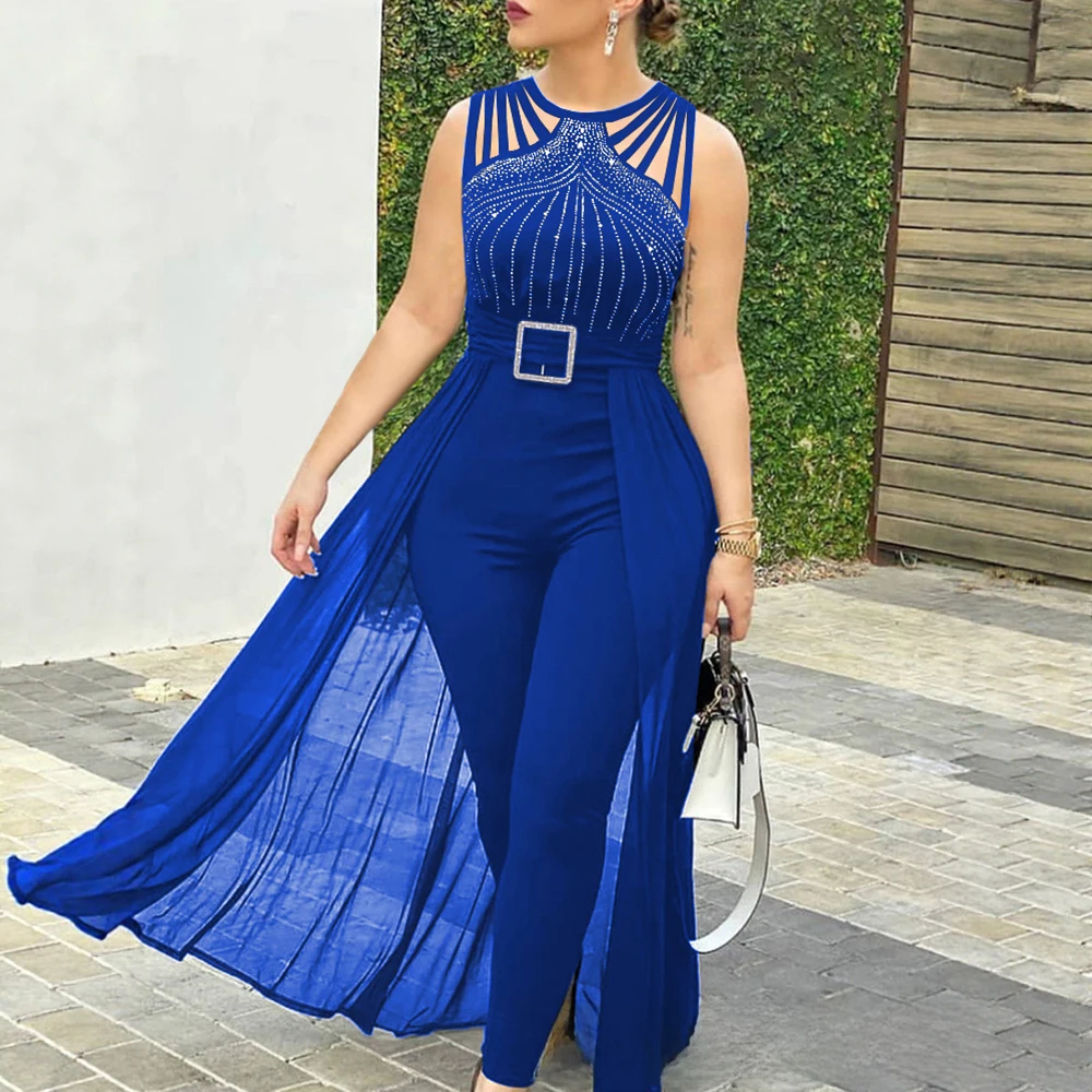 Женские комбинезоны с широкими штанинами, осень 2022, однотонные комбинезоны без рукавов с круглым вырезом до щиколотки и блестками