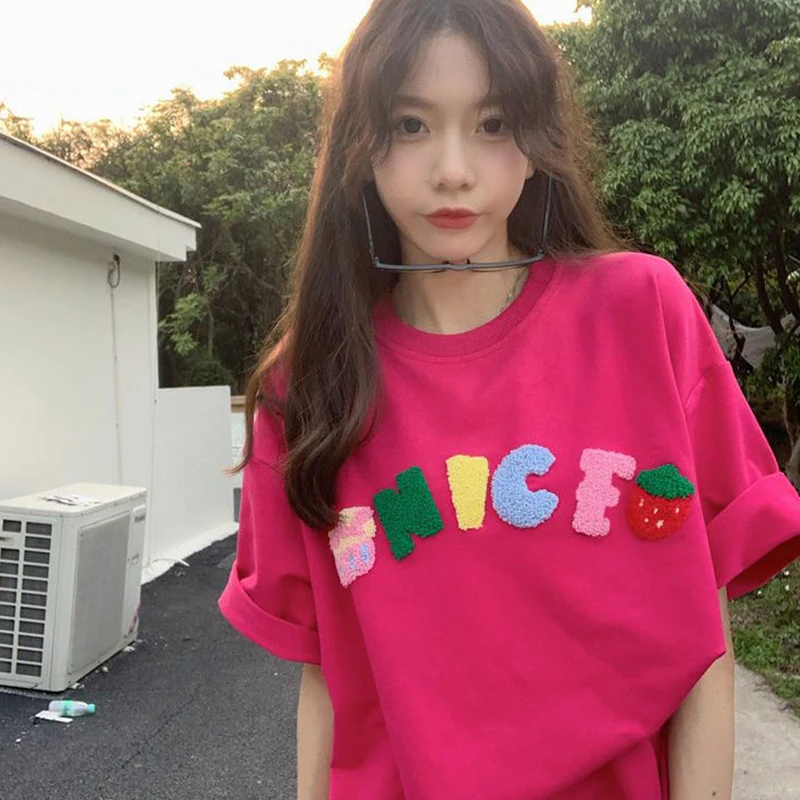 Women Summer Refreshing Embroidered Loose O-neck Thin Short Sleeve Beach Tee Shirt Women Clothes Korean Letter White Top Tee