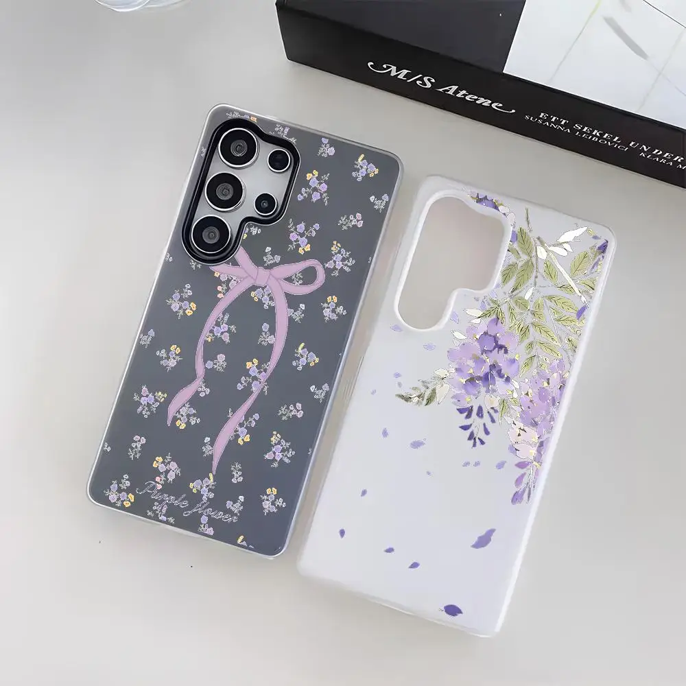 Purple Bow Tiny Blooms Phone Case For Samsung Galaxy S25 S24 S23 Ultra Jelly Clear Case Soft TPU 2-in-1 Shockproof Cover