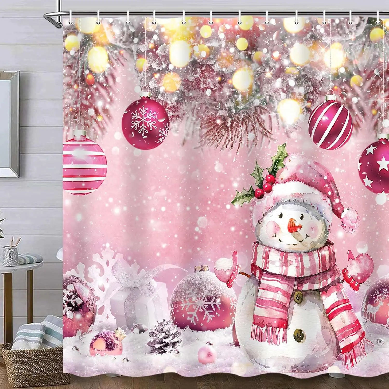 Christmas Winter Snowman Pink Ball Shower Curtain Snowflake Pine Tree Twig Bathroom Curtain for Holiday Decorations Waterproof