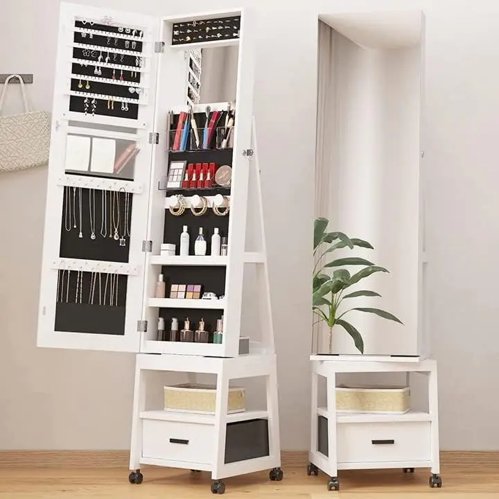 360° Swivel Jewelry Armoire, Floor Standing Locking with Full Length Mirror,Bottom Drawer, Shelf, Wheels,White Cabinet