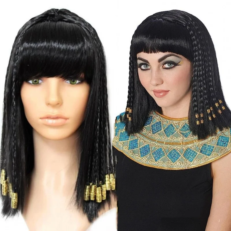 Retro Egypt Queen Women Black Long Straight Wigs Hair Halloween Party Cosplay Daily Use Wigs Headcover Cartoon Synthetic Wigs