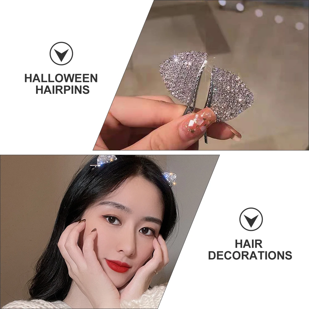 

8pcs Cat Ears Hairpins Shiny Rhinestone Halloween Headdress Durable Lightweight Hair Clips Accessories Silver Alloy