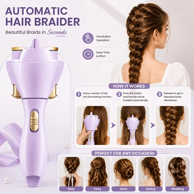 Portable Wireless Hair Braider Anti-Tangle for Standard Braids Twists Battery Operated AA Batteries Not Included Home Travel