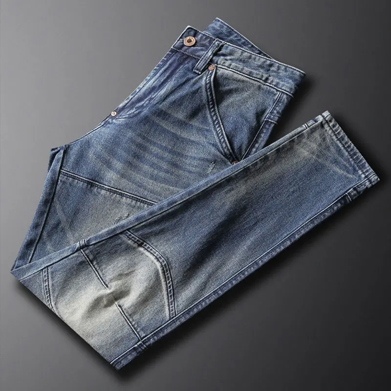 Designer fashion new men's jeans stretch slim fit washed light blue jeans Italian splicing straight leg pants hombre