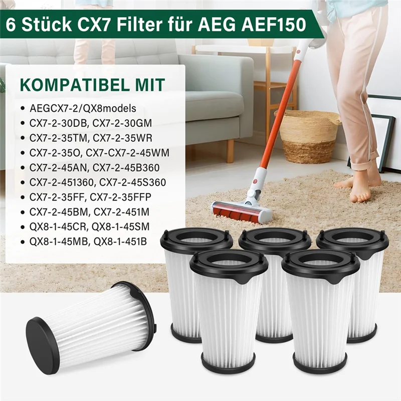 Baao-pacote de 6 filtros cx7 para aeg aef150, filtro de substituição para aeg cx7-2, qx8 animal bateria aspirador de pó portátil