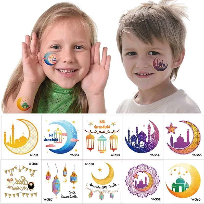 

20Pcs Eid Mubarak Tattoo Stickers Moon Castle Waterproof Face Arm Tattoo Sticker Ramadan Kareem Islamic Muslim Party Kids Gifts