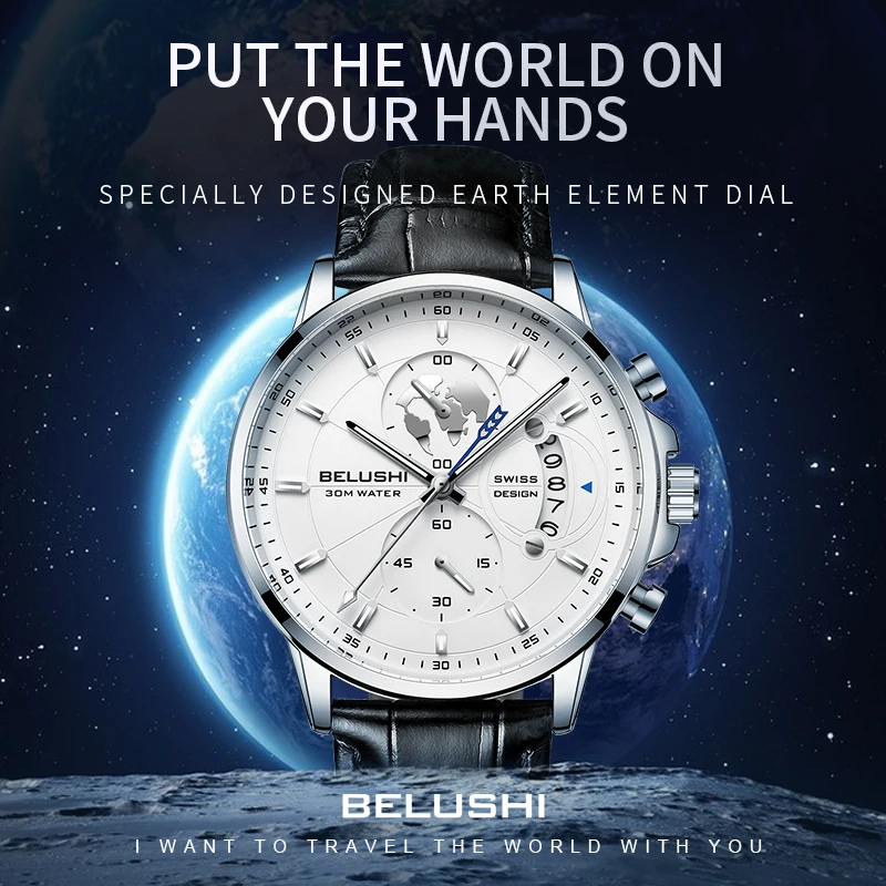 Men Watch Business Three Eye Timing Genuine Leather Waterproof Luminous Watch Steel Strip Male Fashion Quartz Clock Wristwatches