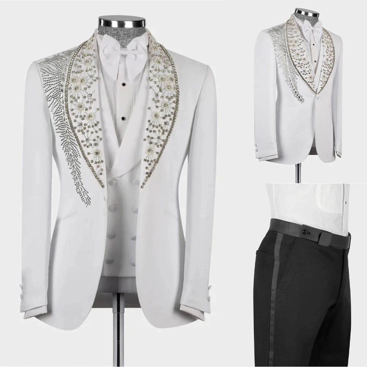 

White Suits For Men Wedding Luxury Heavy Beading Jacket Formal Groom Wear Tuxedo 3 Pieces Male Fashion Banquet Prom Party Pants