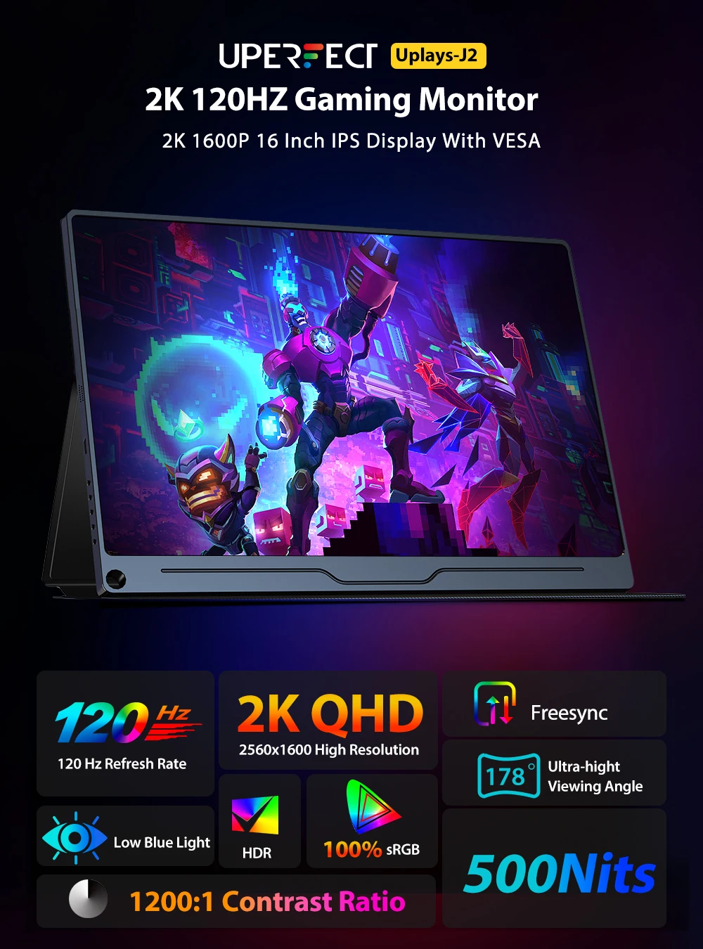 UPERFECT 2K 16'' 120Hz Portable Gaming Monitor 2560x1600 QHD Travel Laptop Display IPS Computer External Second Screen USB C HD