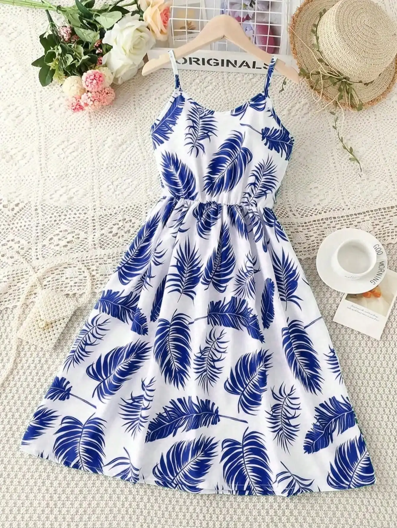 Children's Clothing Summer Casual Elegant Vacation Style Leaf Print Sleeveless Knee Length Jumpsuit Beach Skirt Long Skirt