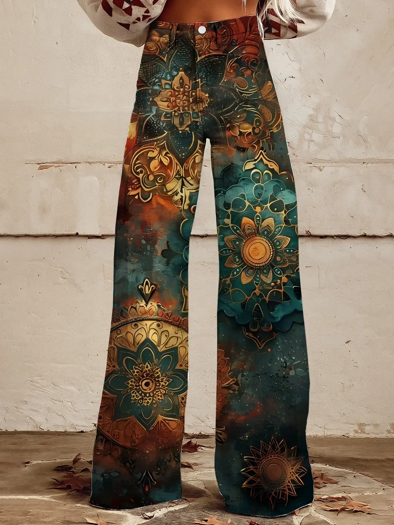  Casual jeans with a variety of colorful western prints, loose wide leg design, Fluorescent dark style pants