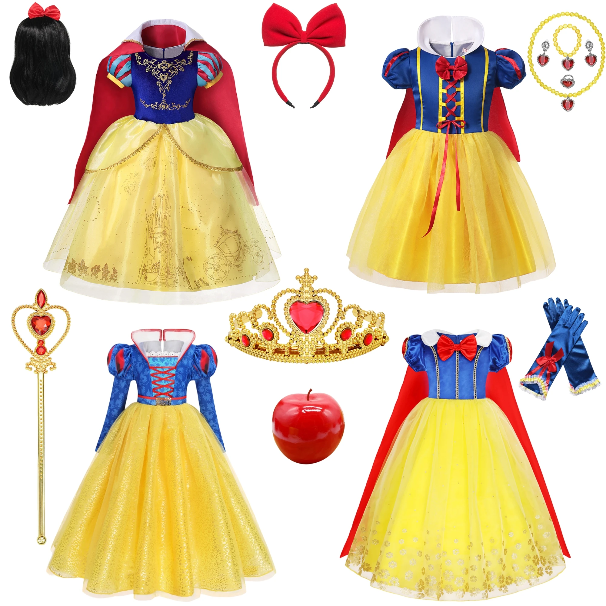 Muababy Deluxe Snow White Gown Set with Accessories Princess Costume Fairy Cosplay for Girls Kids Toddler Carnival Party Vestido
