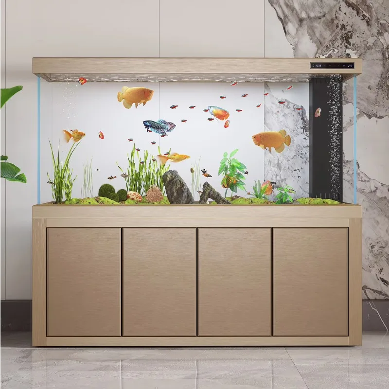 Luxury Ultra Clear Glass Aquarium Arowana Fish Tank Aluminum Cabinet Bottom Filter Living Room Frameless Order One Click Factory
