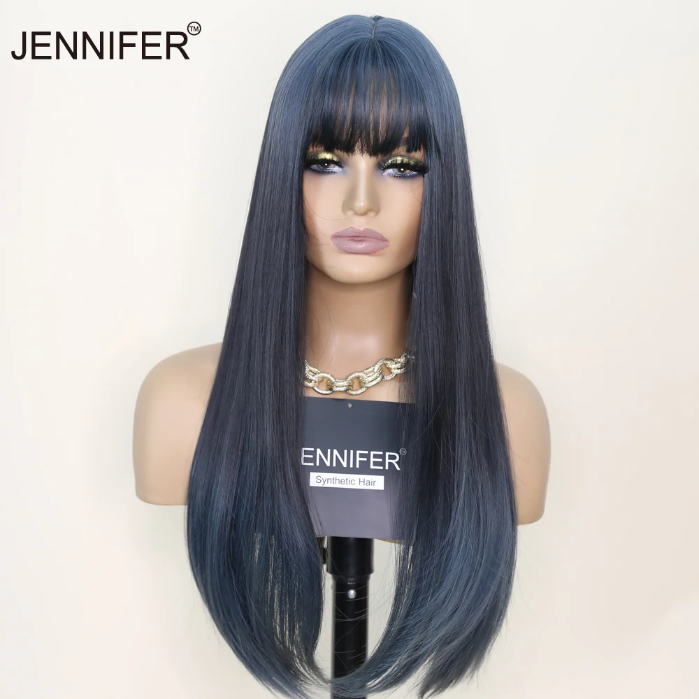 Synthetic Wigs Long Silk Straight wig with Bangs Lake Blue color Cosplay Wigs For Woman Heat Resistant Fibre Full Mechanism wig