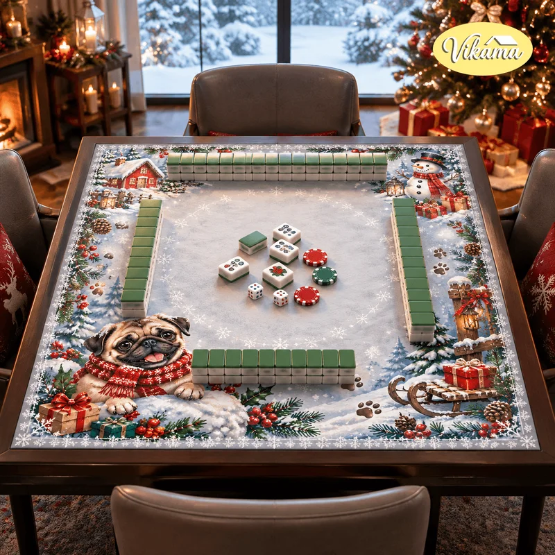 VIKAMA Christmas Mahjong Table Cover Pug Dog Snowman Cabin Gift Print Square Game Table Mat Holiday Party Cozy Aesthetic