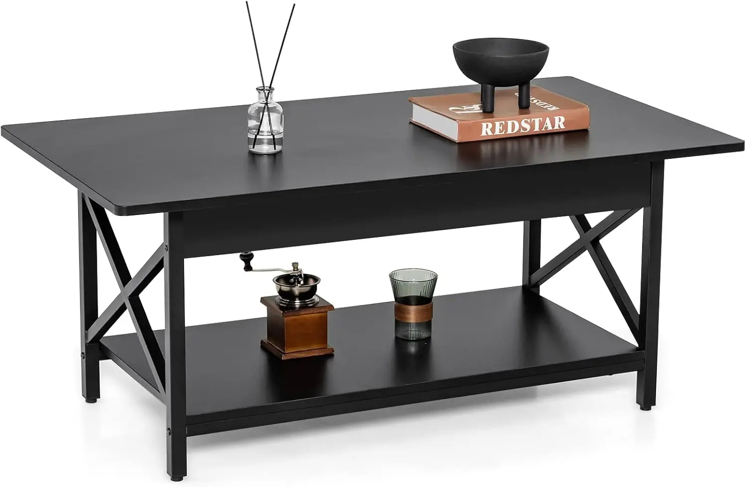 

Industrial Coffee Table, 2-Tier Wood Cocktail Tea Table With Storage Shelf And X-Shape Steel Frame, Rec Sofa Side Accent Table