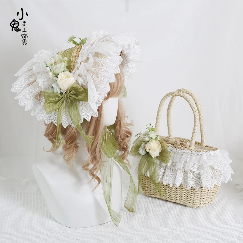 

Японская оригинальная соломенная шляпа ручной работы в стиле Лолиты, лесная пасторальная соломенная шляпа Bnt, кружевная шляпа Cla, плоские шляпы, соломенная тканая цветочная кружевная сумочка для женщин