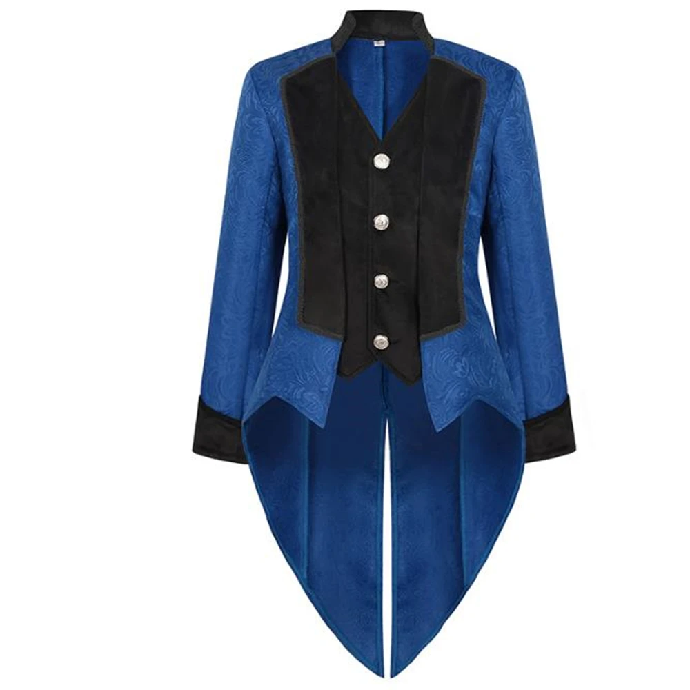 Men Steampunk Tail Coat Jacket Black Gothic Victorian Frock Coat Jacquard Clothing Dress Up Blue Trench Spring Autumn