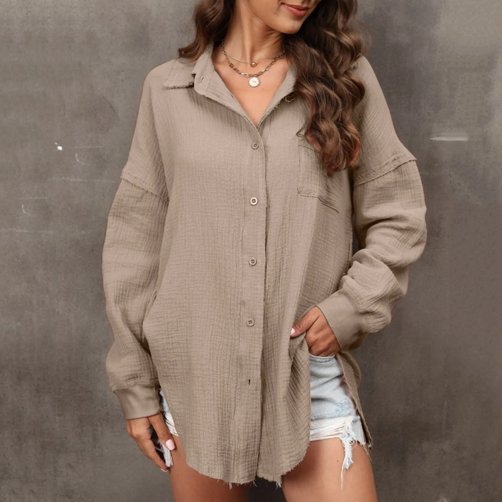 Womens New Fashion Shirts Trendy Solid Color Long Sleeve Top Blouse Lapel Button Front Pocket Top Shirts Hawaiian Shirts Mujer