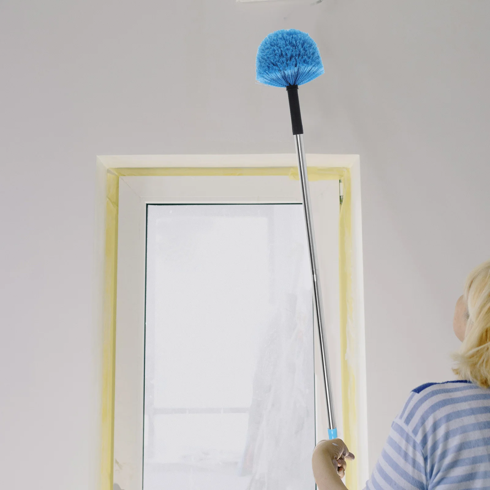 فرشاة تنظيف السقف برأس منفضة من نسيج العنكبوت المستديرة، تصميم كروي من الصعب الوصول إلى زوايا نافذة مروحة مزراب بمقبض طويل #4