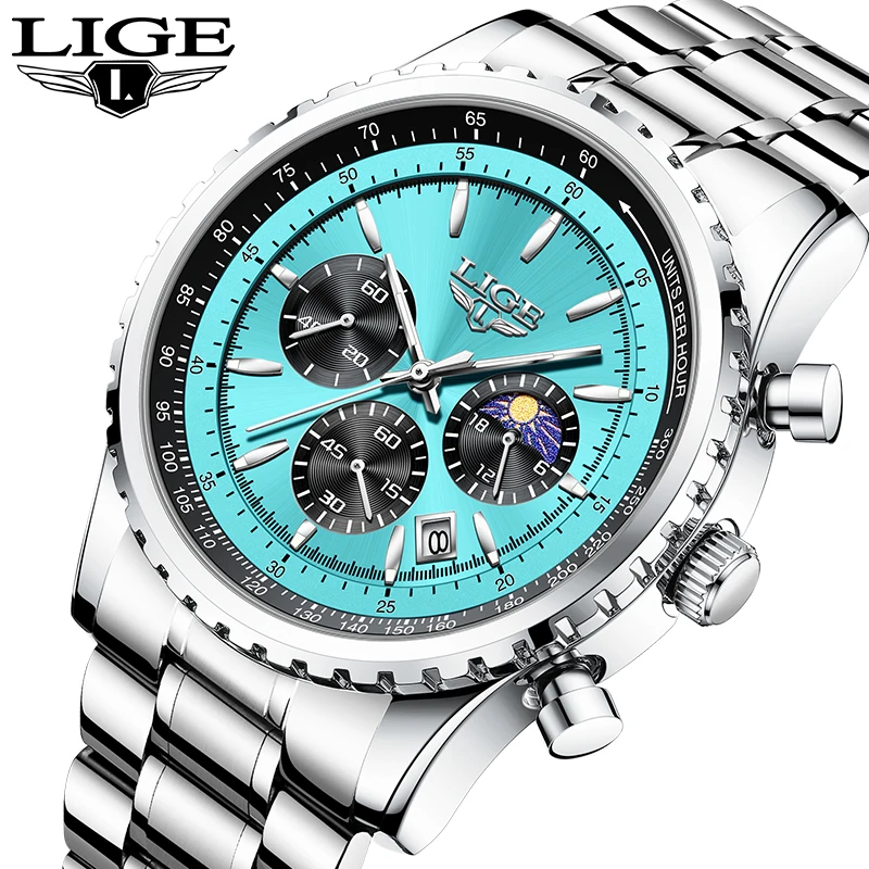 LIGE Man Watch Brand Luxury 24H Moon Phase Watches for Men Casual Sports Chronograph Waterproof Men Date Clock Quartz Wristwatch